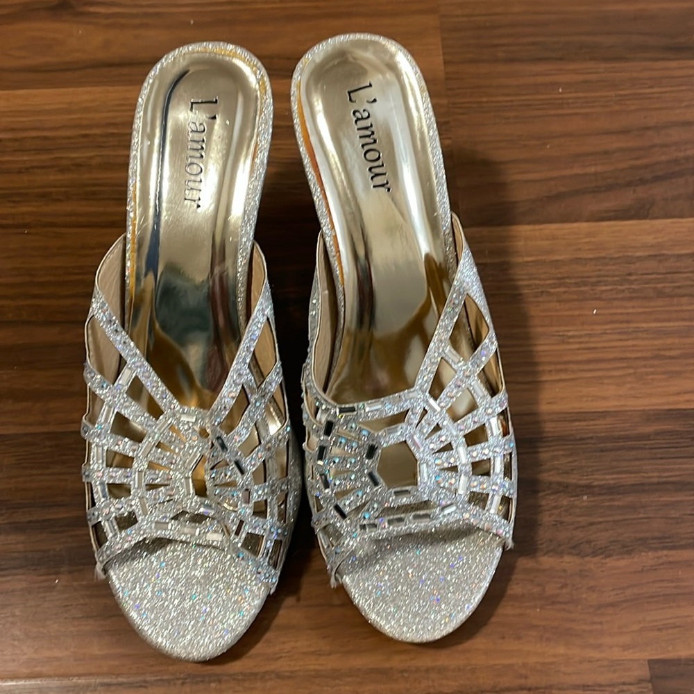 L'Amour Silver Sparkle Wedge Sandals